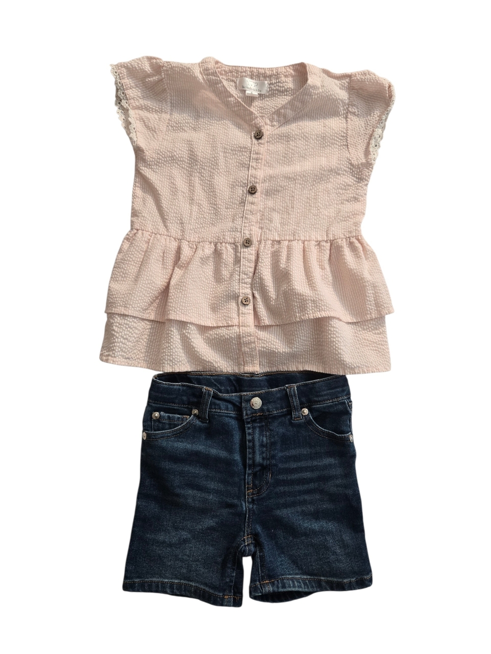 Koala Kids Pink and White Striped Seersucker Button Top/Denim Shorts - Size 6
